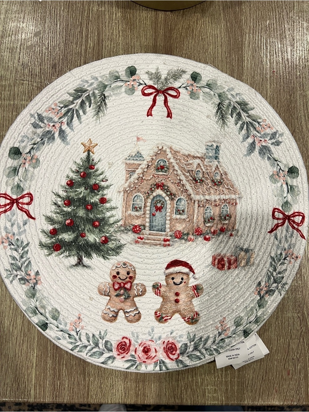 Holiday Gingerbread Tree Round Placemat - White with Red and Green